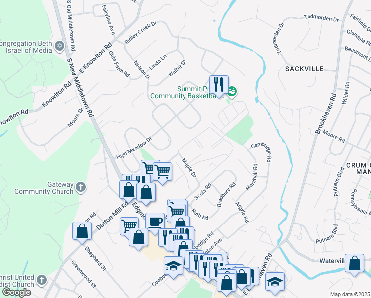 map of restaurants, bars, coffee shops, grocery stores, and more near 12 Maple Drive in Brookhaven