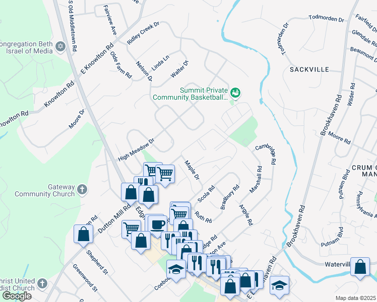map of restaurants, bars, coffee shops, grocery stores, and more near 5200 Hilltop Drive in Brookhaven