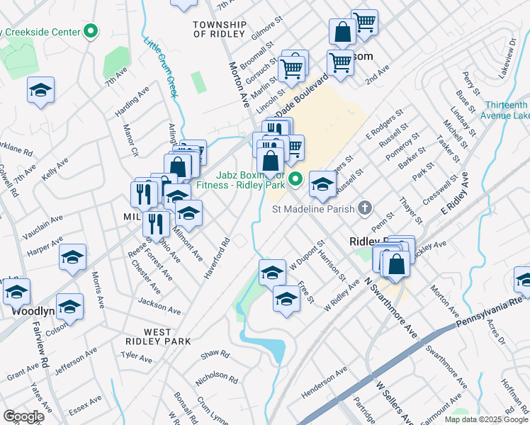 map of restaurants, bars, coffee shops, grocery stores, and more near Hancock Street in Ridley Park