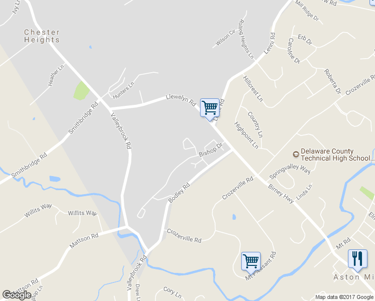 map of restaurants, bars, coffee shops, grocery stores, and more near 72 Bishop Drive in Aston