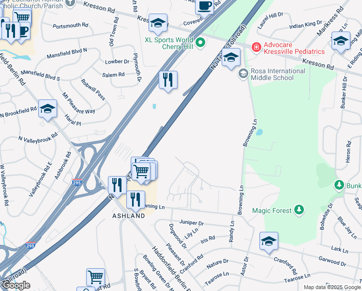 map of restaurants, bars, coffee shops, grocery stores, and more near 412 Provence Drive in Cherry Hill