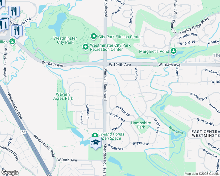 map of restaurants, bars, coffee shops, grocery stores, and more near 10280 Sheridan Boulevard in Westminster