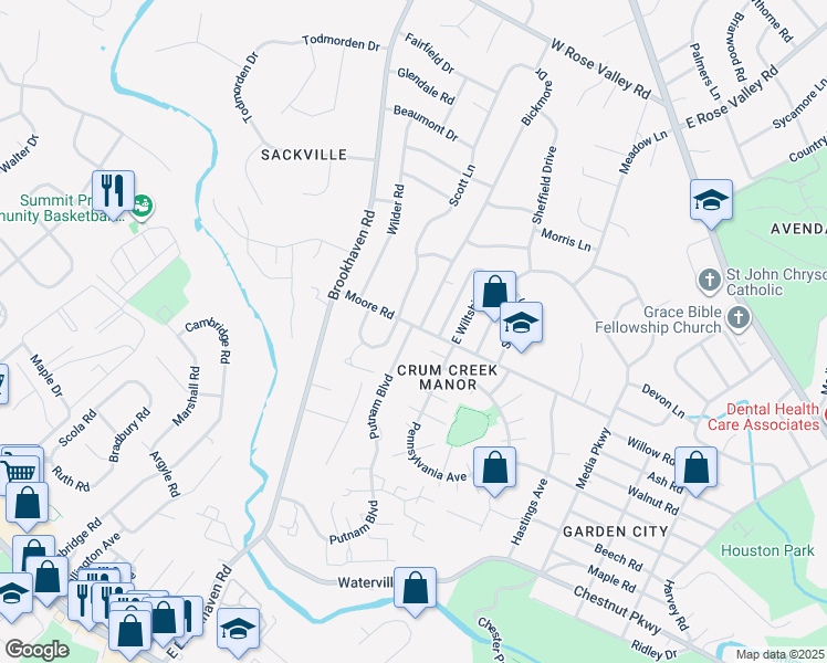 map of restaurants, bars, coffee shops, grocery stores, and more near 700A Putnam Boulevard in Delaware County
