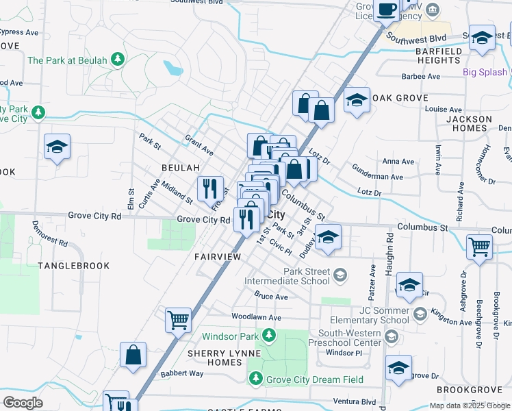 map of restaurants, bars, coffee shops, grocery stores, and more near in Grove City