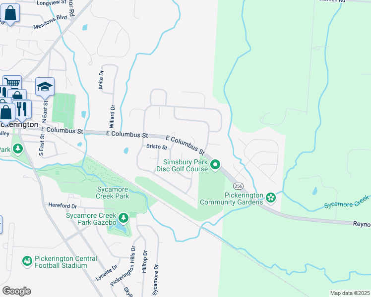 map of restaurants, bars, coffee shops, grocery stores, and more near 65 Simsbury Court in Pickerington