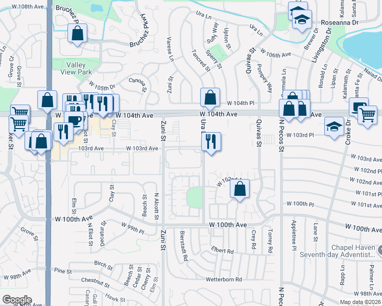 map of restaurants, bars, coffee shops, grocery stores, and more near 10211 Ura Lane in Thornton