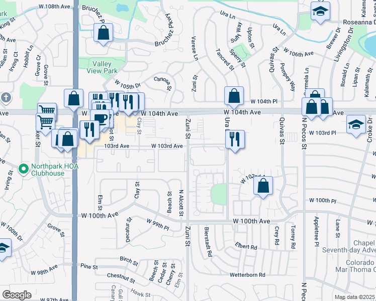 map of restaurants, bars, coffee shops, grocery stores, and more near 10211 Ura Lane in Thornton