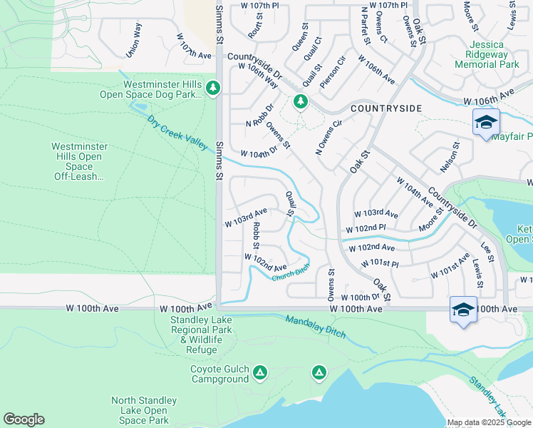 map of restaurants, bars, coffee shops, grocery stores, and more near 11345 West 102nd Place in Westminster