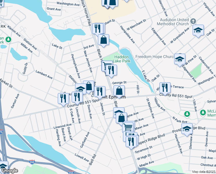 map of restaurants, bars, coffee shops, grocery stores, and more near 12 North Black Horse Pike in Mount Ephraim