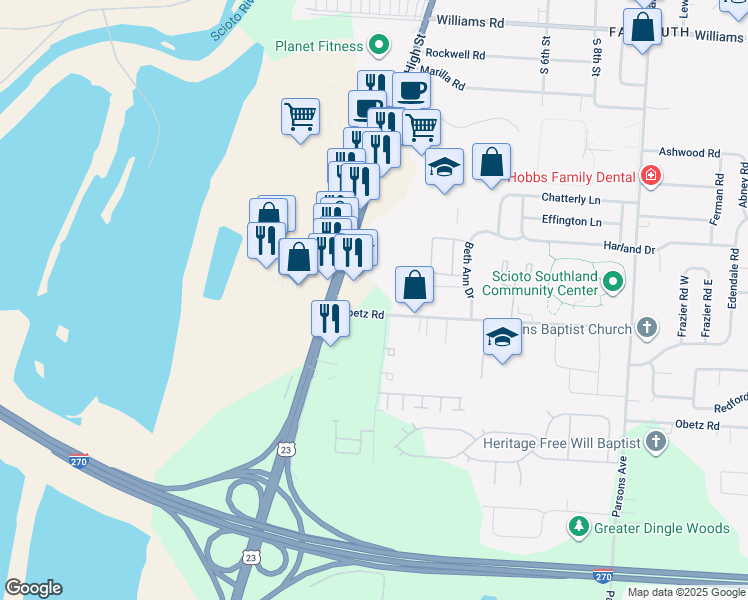 map of restaurants, bars, coffee shops, grocery stores, and more near 1-189 Obetz Rd in Columbus