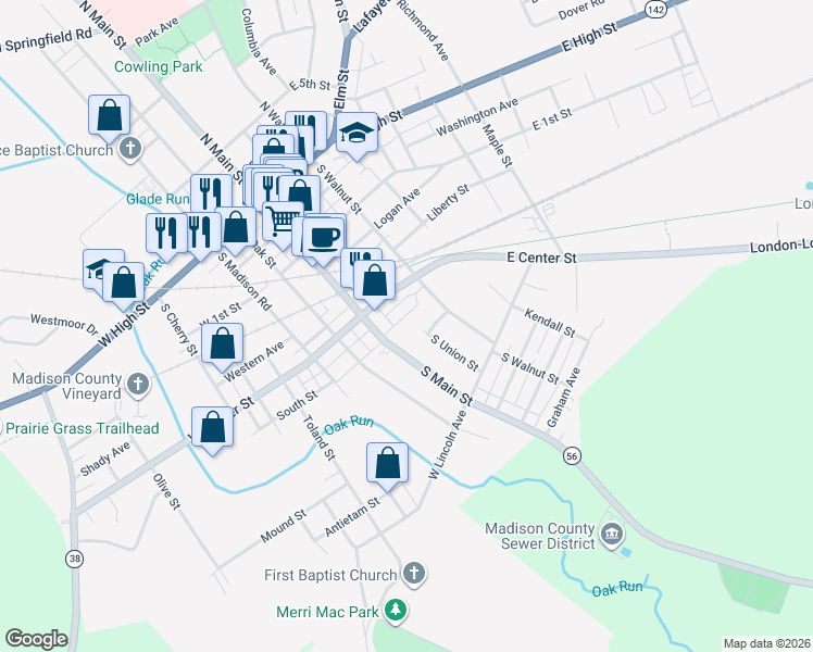 map of restaurants, bars, coffee shops, grocery stores, and more near 182 South Main Street in London