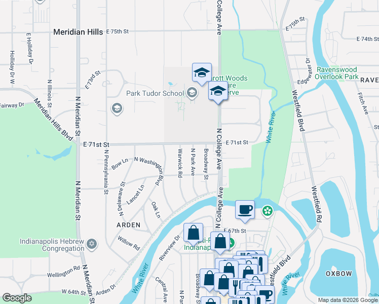 map of restaurants, bars, coffee shops, grocery stores, and more near 7027 North Park Avenue in Indianapolis