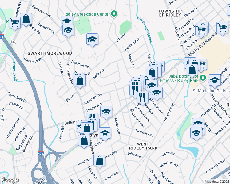 map of restaurants, bars, coffee shops, grocery stores, and more near 1002 Vauclain Avenue in Woodlyn