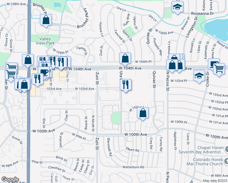 map of restaurants, bars, coffee shops, grocery stores, and more near 10211 Ura Lane in Thornton