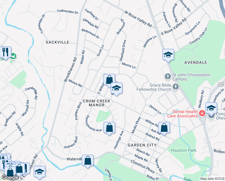 map of restaurants, bars, coffee shops, grocery stores, and more near 611 School Lane in Delaware County