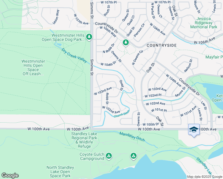 map of restaurants, bars, coffee shops, grocery stores, and more near 11345 West 102nd Place in Westminster