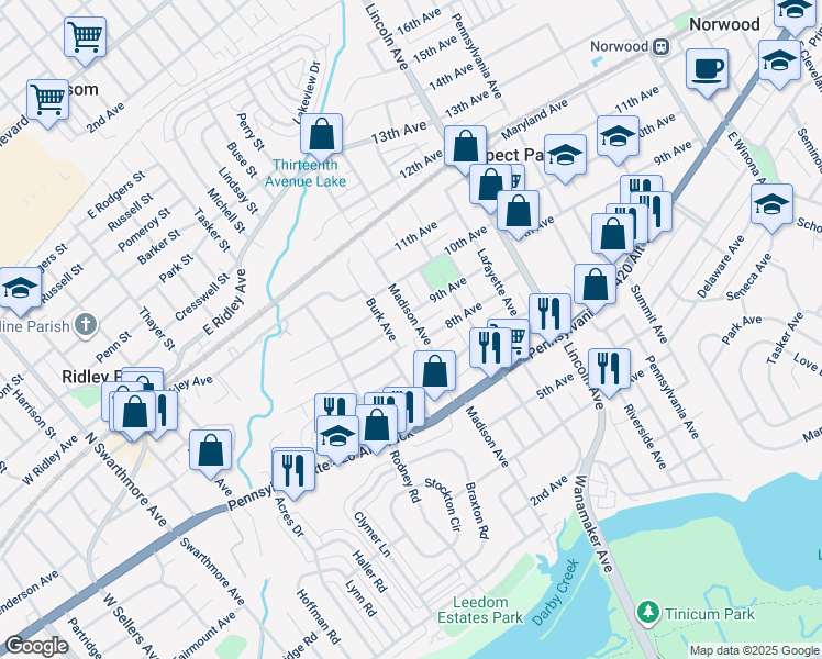 map of restaurants, bars, coffee shops, grocery stores, and more near 810 Madison Avenue in Prospect Park