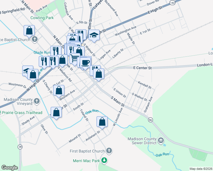 map of restaurants, bars, coffee shops, grocery stores, and more near 182 South Main Street in London