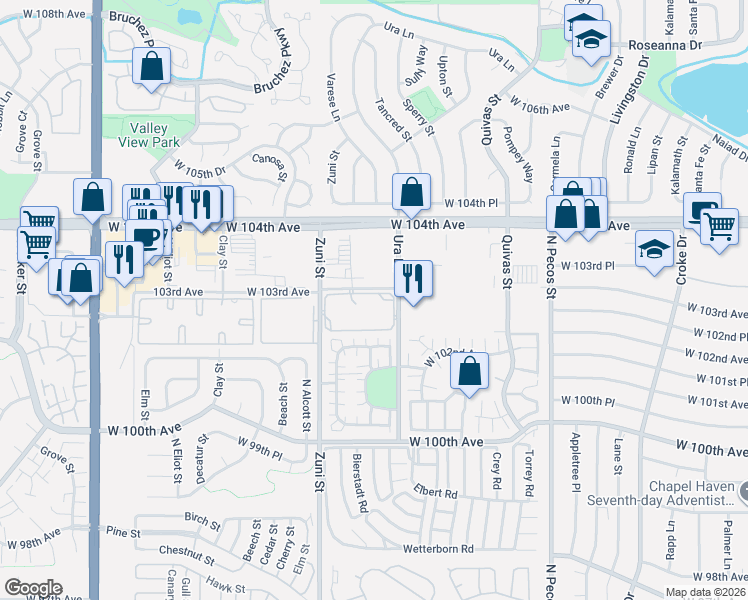 map of restaurants, bars, coffee shops, grocery stores, and more near 10211 Ura Lane in Thornton