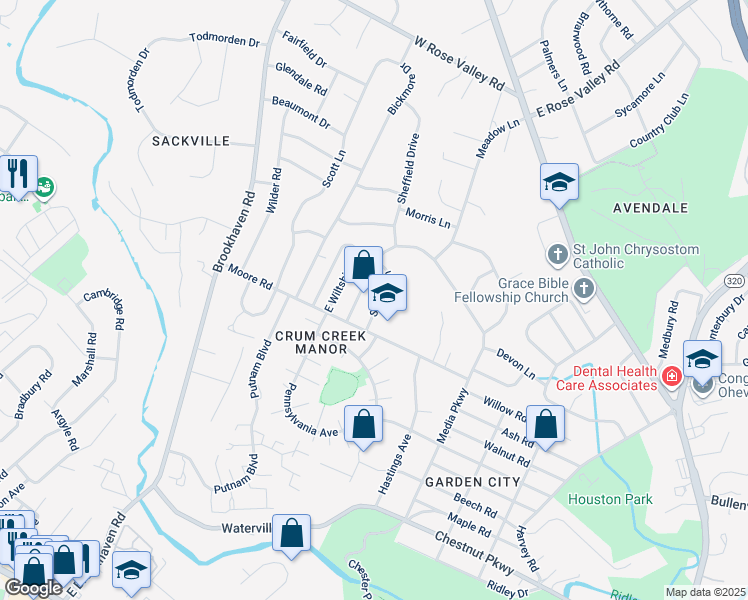 map of restaurants, bars, coffee shops, grocery stores, and more near 611 School Lane in Delaware County
