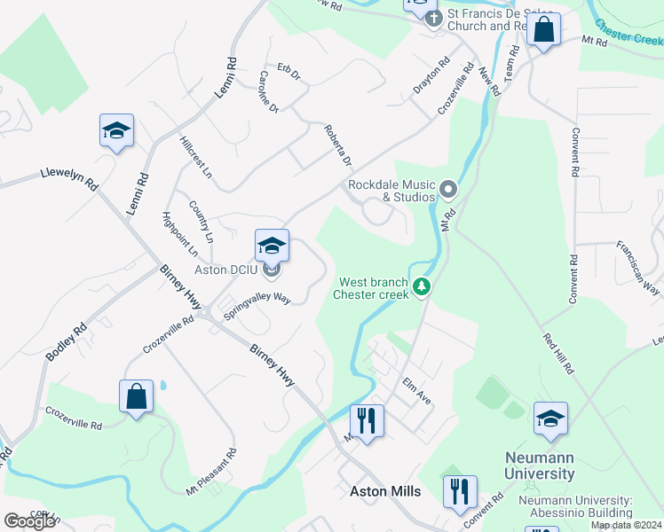 map of restaurants, bars, coffee shops, grocery stores, and more near 220 Spring Valley Way in Aston