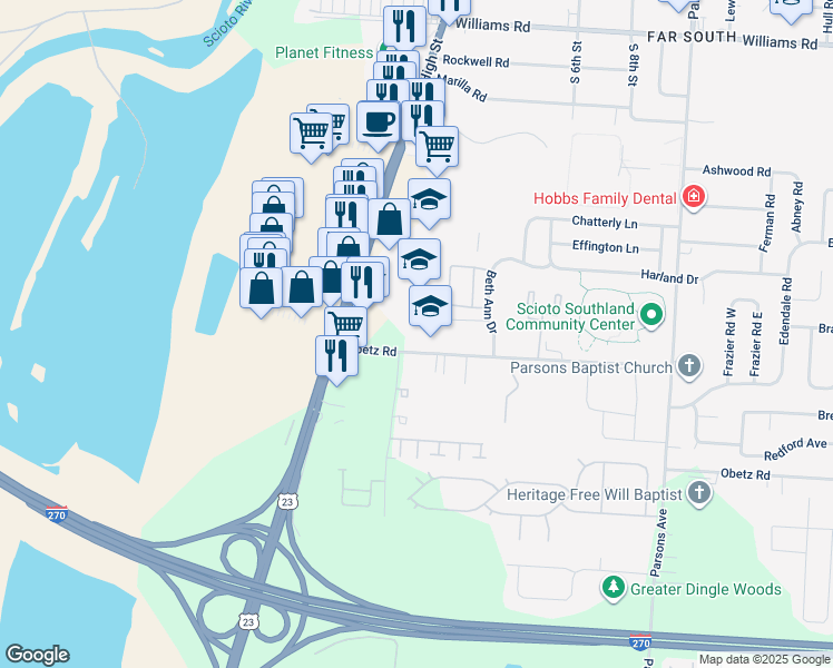 map of restaurants, bars, coffee shops, grocery stores, and more near 100 Obetz Road in Columbus
