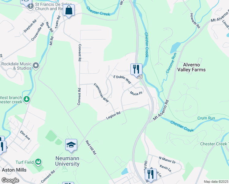 map of restaurants, bars, coffee shops, grocery stores, and more near 106 Knollwood Court in Aston