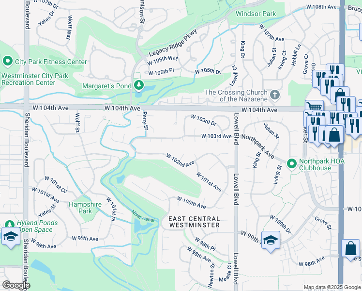 map of restaurants, bars, coffee shops, grocery stores, and more near 10228 Osceola Court in Westminster