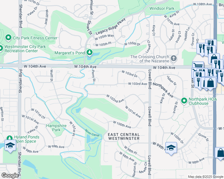 map of restaurants, bars, coffee shops, grocery stores, and more near 3948 West 102nd Avenue in Westminster