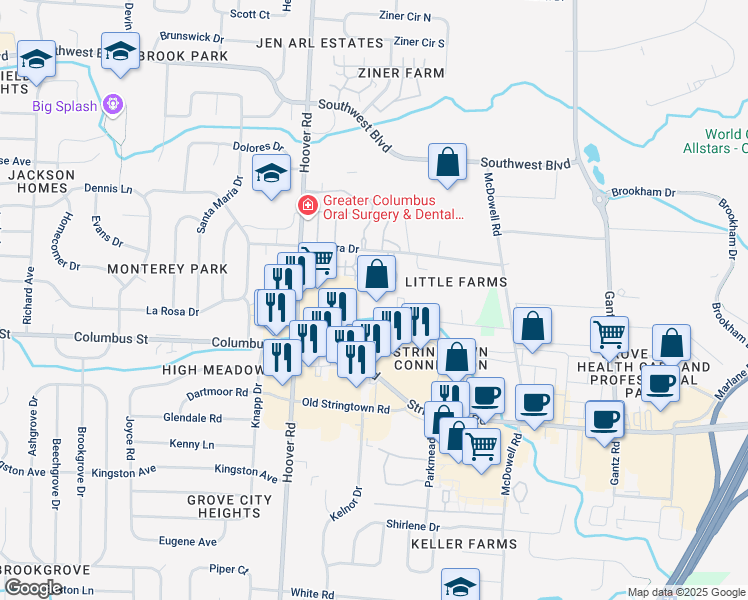 map of restaurants, bars, coffee shops, grocery stores, and more near 2400 Stringtown Road in Grove City