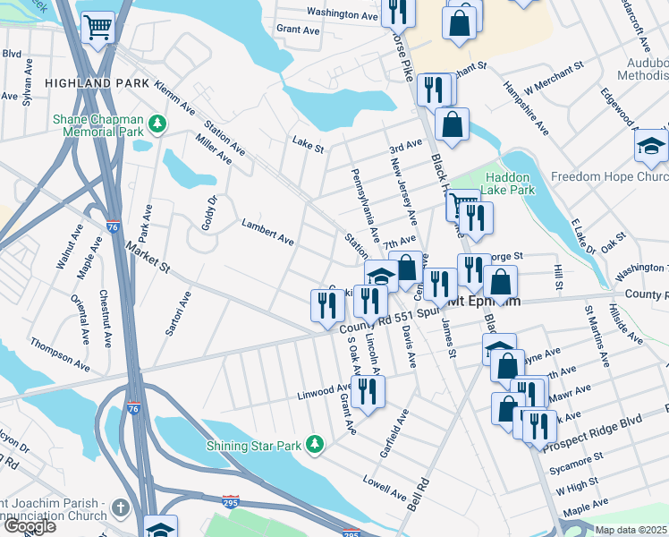 map of restaurants, bars, coffee shops, grocery stores, and more near 626 Lambert Avenue in Mount Ephraim