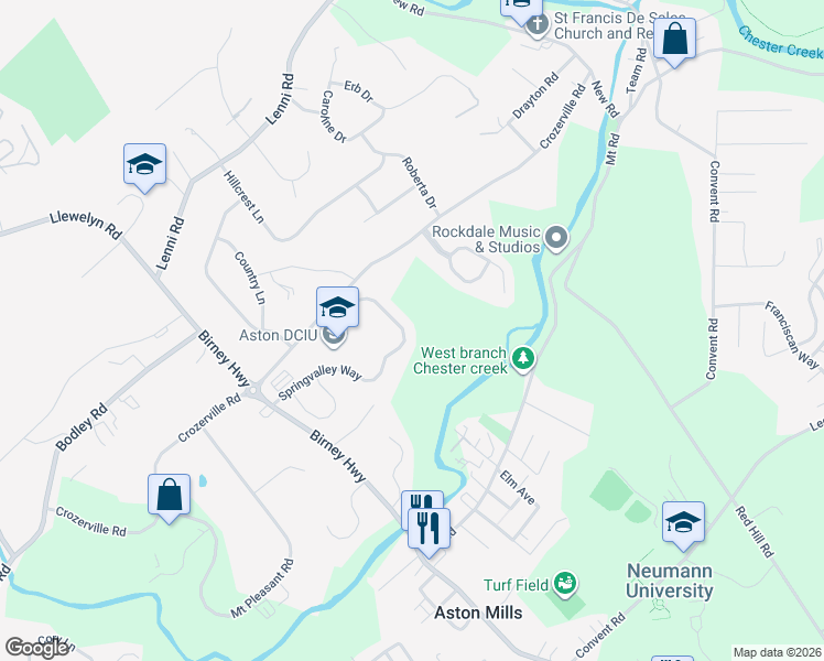 map of restaurants, bars, coffee shops, grocery stores, and more near 207 Springvalley Way in Aston
