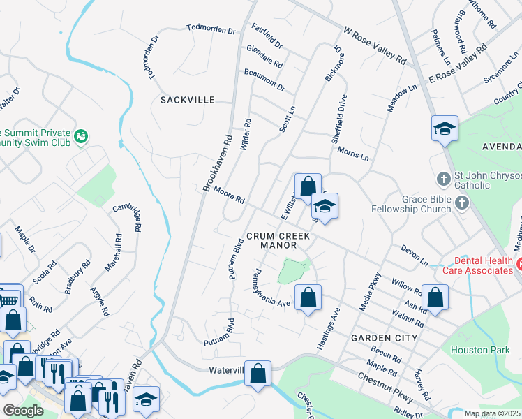 map of restaurants, bars, coffee shops, grocery stores, and more near 725 Bickmore Drive in Delaware County