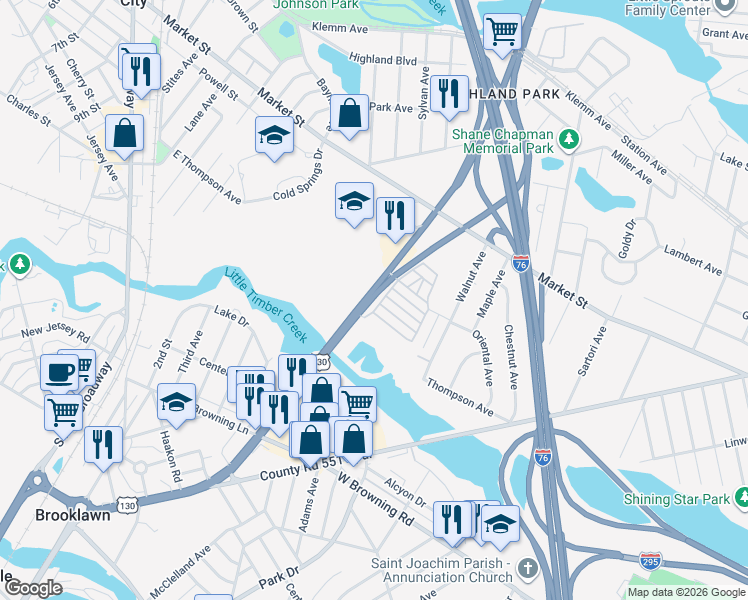 map of restaurants, bars, coffee shops, grocery stores, and more near 3B Beechwood Avenue in Gloucester City