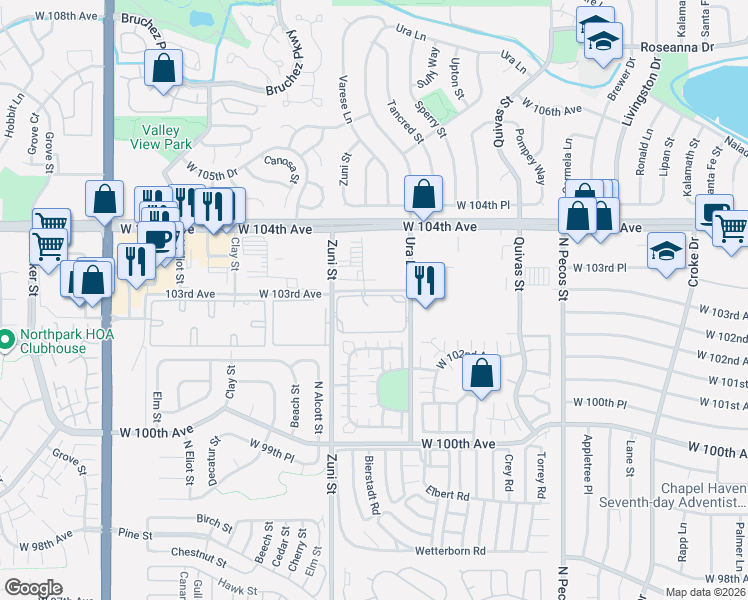 map of restaurants, bars, coffee shops, grocery stores, and more near 10211 Ura Lane in Thornton