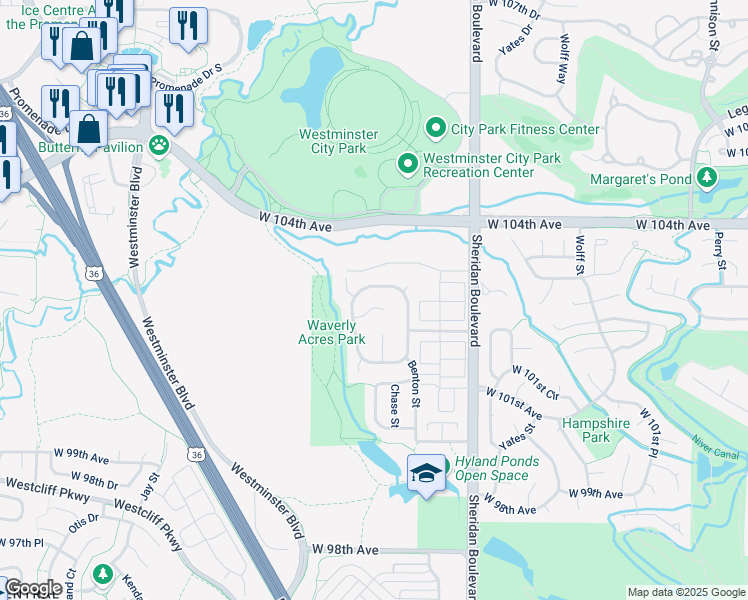 map of restaurants, bars, coffee shops, grocery stores, and more near 5540 West 102nd Place in Broomfield