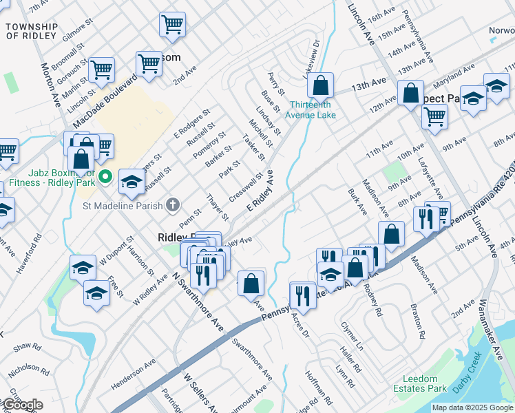 map of restaurants, bars, coffee shops, grocery stores, and more near 315 East Hinckley Avenue in Ridley Park