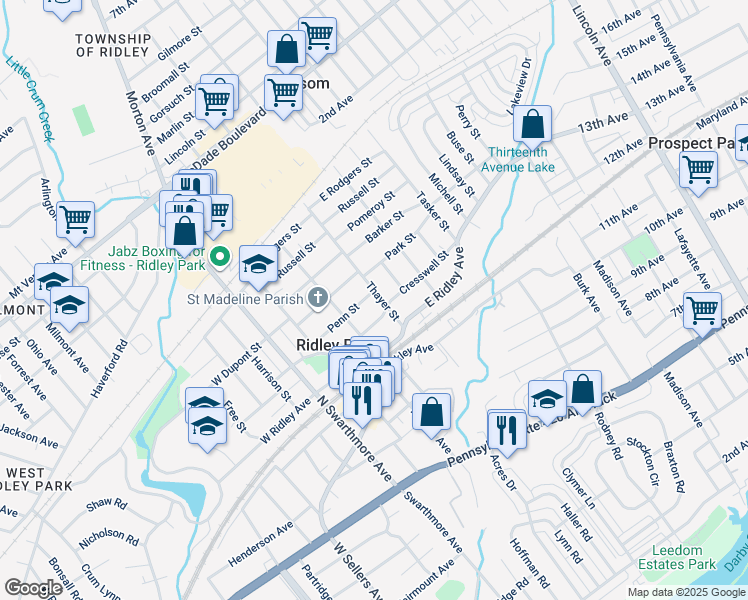 map of restaurants, bars, coffee shops, grocery stores, and more near 205 Cresswell Street in Ridley Park