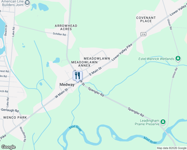 map of restaurants, bars, coffee shops, grocery stores, and more near 205 East Main Street in Medway