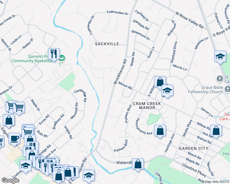 map of restaurants, bars, coffee shops, grocery stores, and more near 710 Brookhaven Road in Delaware County
