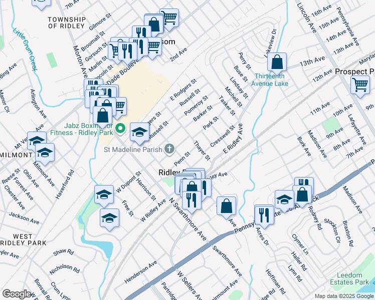 map of restaurants, bars, coffee shops, grocery stores, and more near 209 Penn Street in Ridley Park