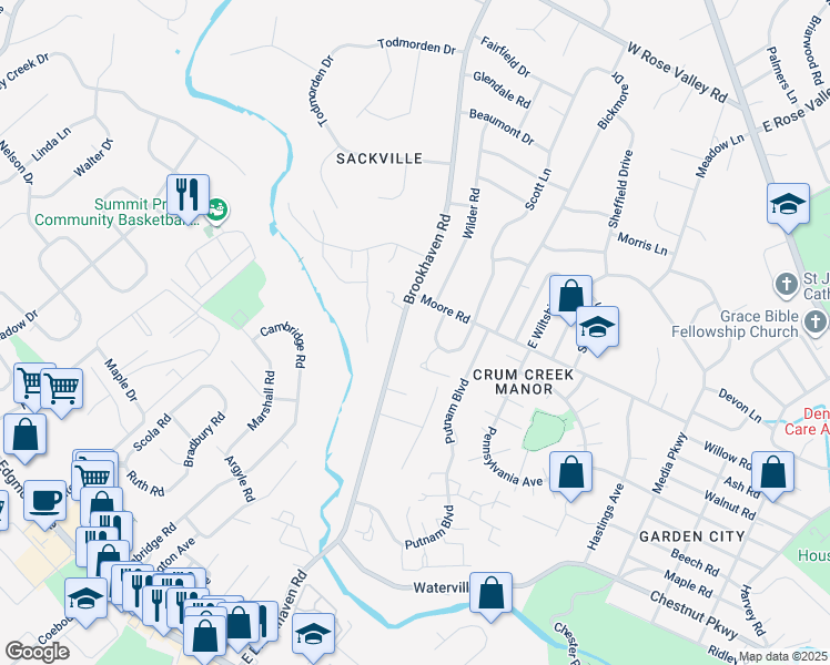 map of restaurants, bars, coffee shops, grocery stores, and more near 710 Brookhaven Road in Delaware County