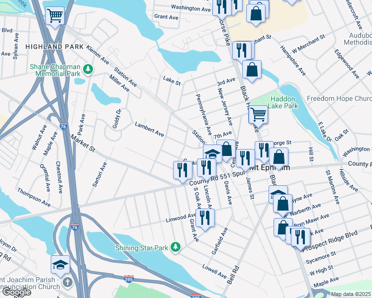map of restaurants, bars, coffee shops, grocery stores, and more near 626 Lambert Avenue in Mount Ephraim