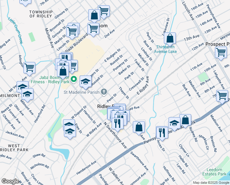 map of restaurants, bars, coffee shops, grocery stores, and more near 209 Penn Street in Ridley Park