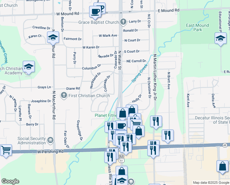 map of restaurants, bars, coffee shops, grocery stores, and more near 86 Pennsylvania Drive in Decatur