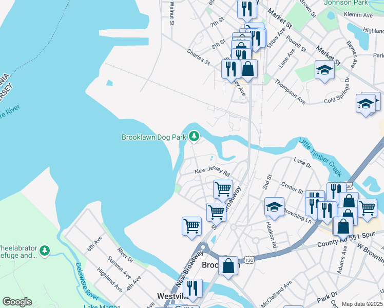 map of restaurants, bars, coffee shops, grocery stores, and more near 503 Paris Avenue in Brooklawn