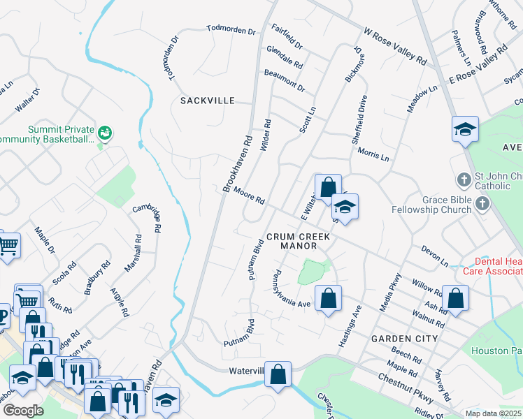 map of restaurants, bars, coffee shops, grocery stores, and more near 723 Scott Lane in Nether Providence Township