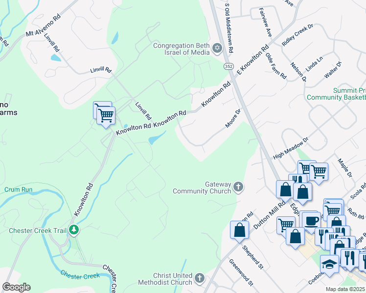 map of restaurants, bars, coffee shops, grocery stores, and more near 134 Moore Drive in Media