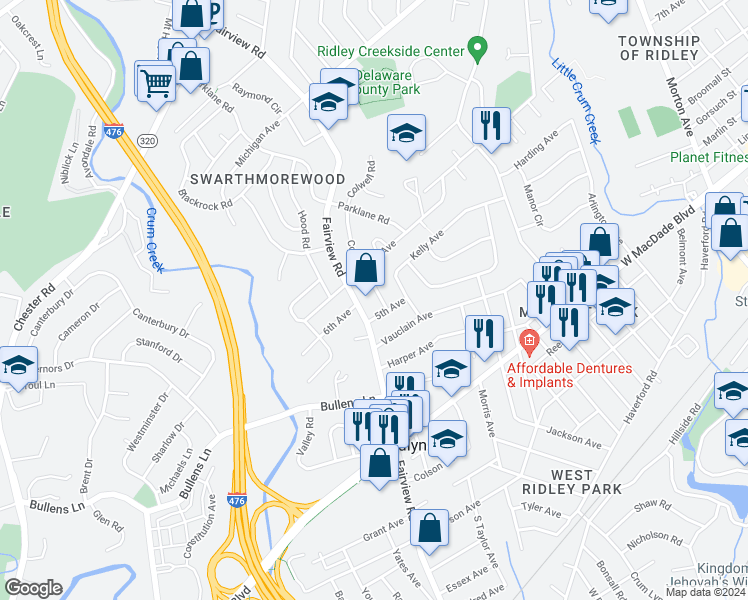 map of restaurants, bars, coffee shops, grocery stores, and more near 511 Colwell Road in Woodlyn