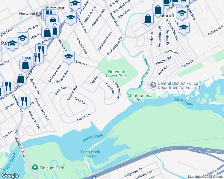 map of restaurants, bars, coffee shops, grocery stores, and more near 516 Essex Road in Norwood